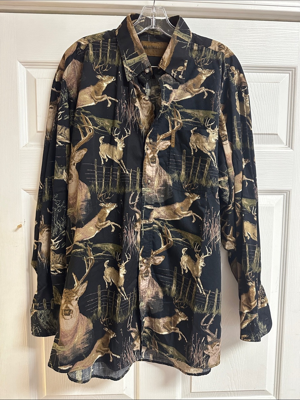 Magellan Outdoors Black Button-Down Shirt with Brown Deer Print